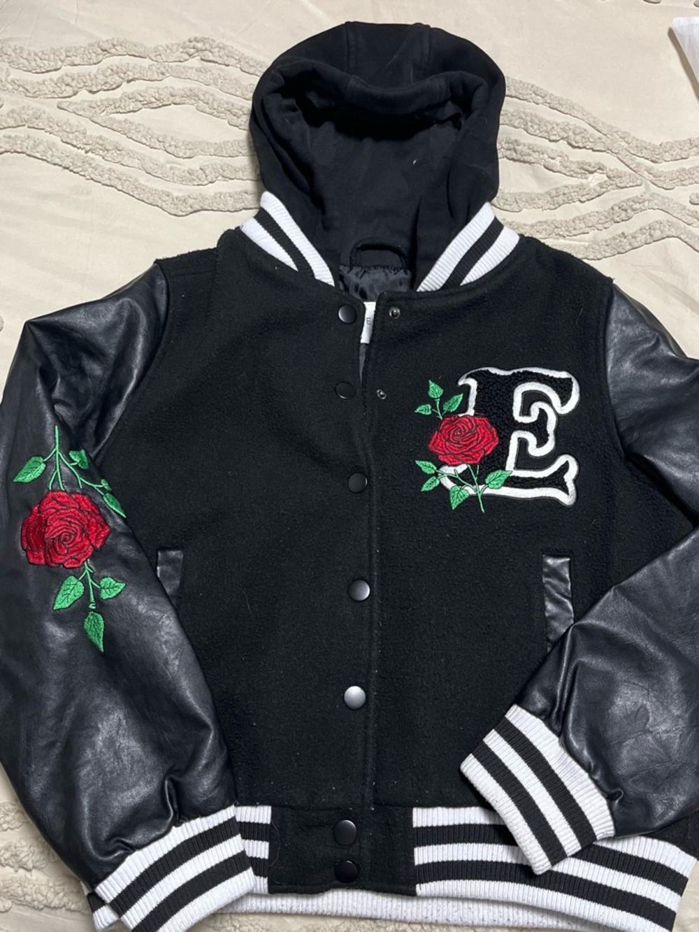 Black womens varsity  Jacket with Red Rose Embroidery